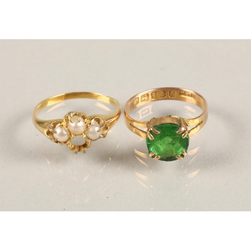 114 - 9 carat gold green gem set ring, size K and another yellow metal ring