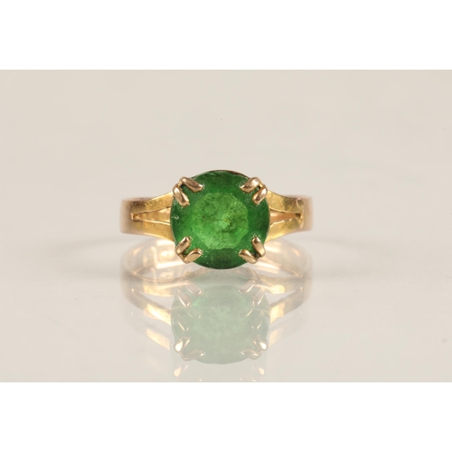 114 - 9 carat gold green gem set ring, size K and another yellow metal ring