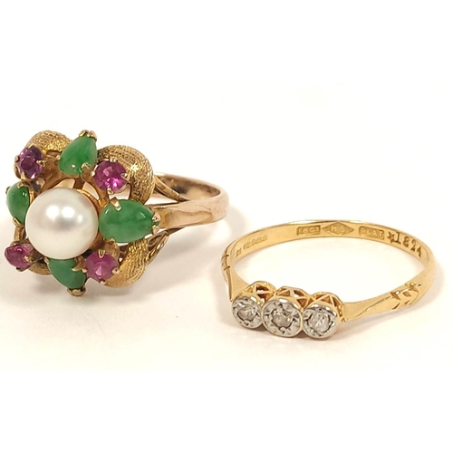 131 - Jade pearl and ruby ring in gold '14k' and a three stone diamond ring '18ct platinum' (2)