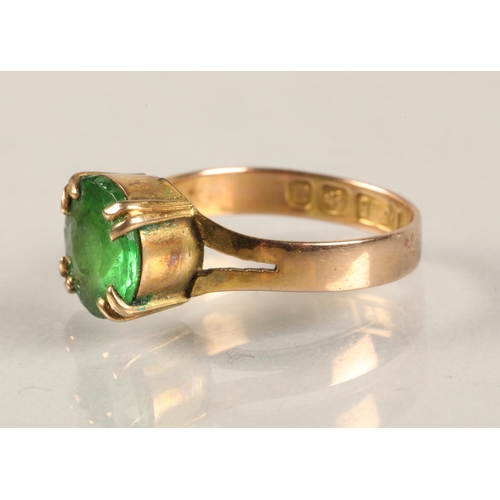 114 - 9 carat gold green gem set ring, size K and another yellow metal ring