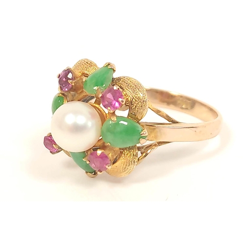 131 - Jade pearl and ruby ring in gold '14k' and a three stone diamond ring '18ct platinum' (2)