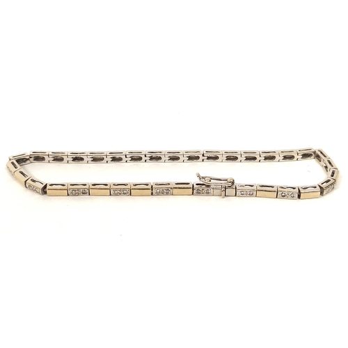 134 - Two colour gold bracelet with pairs of eight-cut diamonds. '750', 11g.