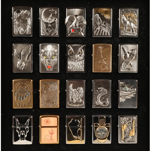 161 - Twenty Zippo lighters in display case