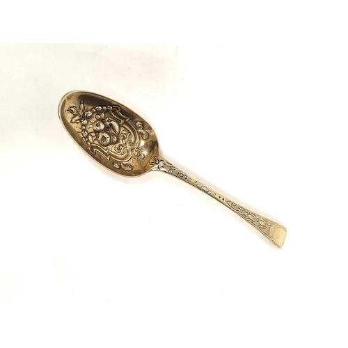 140 - Pair of silver gilt 'berry' spoons, 1773, later embossed. 138g. 4½, and various e.p. items.