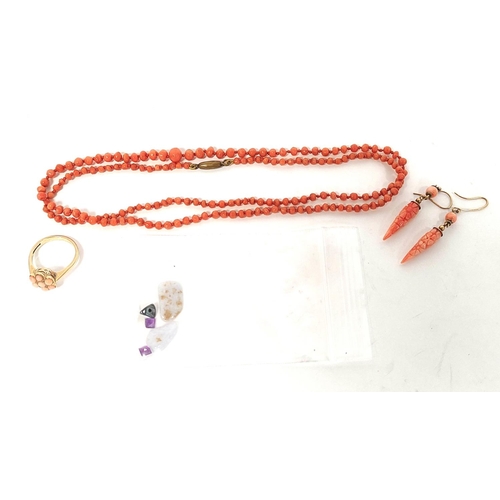 148 - Coral necklet, a pair of similar drop earrings, a similar ring in 9ct gold and various unmounted gem... 