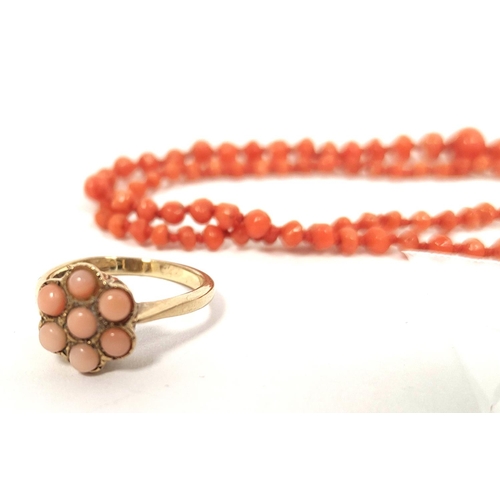 148 - Coral necklet, a pair of similar drop earrings, a similar ring in 9ct gold and various unmounted gem... 