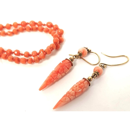 148 - Coral necklet, a pair of similar drop earrings, a similar ring in 9ct gold and various unmounted gem... 