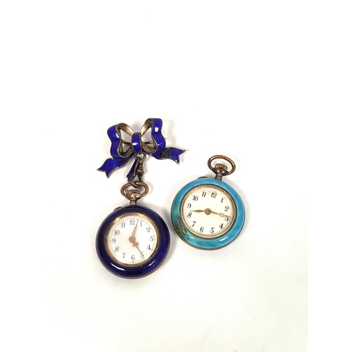 150 - Two Geneva cylinder watches in enamelled silver cases, pale and dark blue with bow.