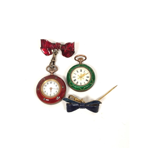 151 - Two Geneva cylinder watches enamelled in wine, red and green, with a bow (3)