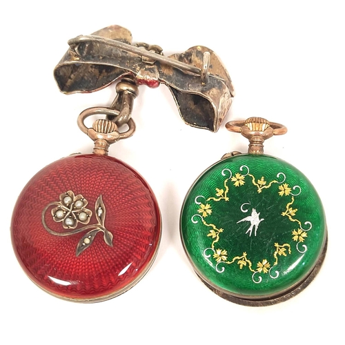 151 - Two Geneva cylinder watches enamelled in wine, red and green, with a bow (3)