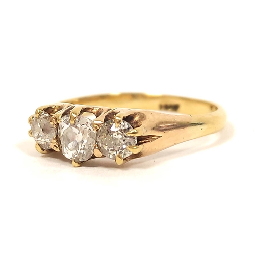 152 - Diamond three stone ring with old cut brilliants in gold '18ct', Size L½, 2.5g