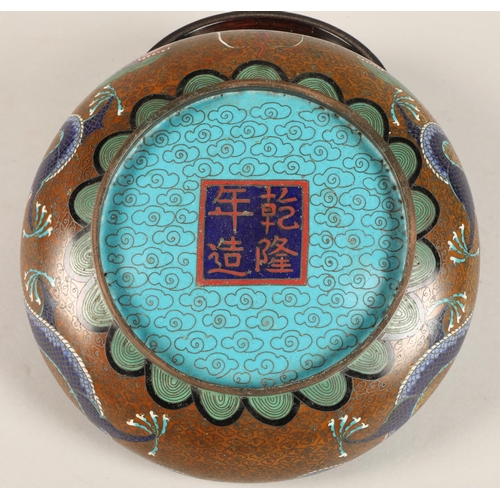 180 - Oriental Cloissone bowl with hardwood stand, characters to base, 21cm diameter