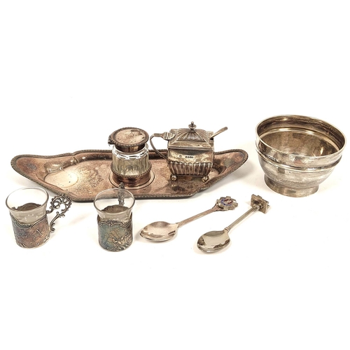 161 - Silver mustard pot 1885, two liqueur cup holders, a silver bowl, an old Sheffield inkstand and two e... 