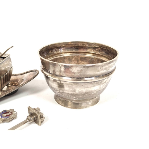 161 - Silver mustard pot 1885, two liqueur cup holders, a silver bowl, an old Sheffield inkstand and two e... 