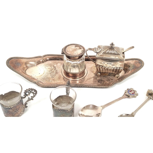 161 - Silver mustard pot 1885, two liqueur cup holders, a silver bowl, an old Sheffield inkstand and two e... 