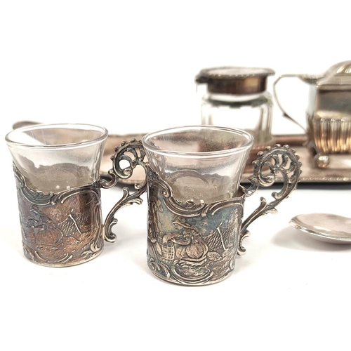 161 - Silver mustard pot 1885, two liqueur cup holders, a silver bowl, an old Sheffield inkstand and two e... 