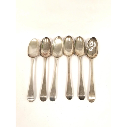 89 - Set of six silver tablespoons, initialled, possibly by Joseph Scammell 1774. 356g, 11oz .