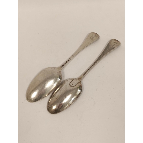 90 - Pair of silver tablespoons of Hanoverian pattern by Elias Cachart 1754. 4½oz, 140g