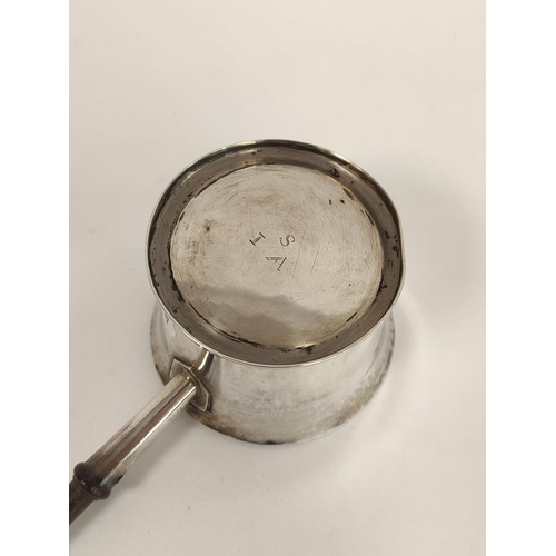 93 - Silver brandy saucepan of flared form with turned ebony handle by Richard Bayley, 1723. 133g, 4oz