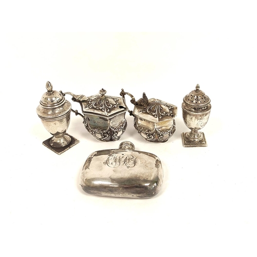 98 - Pair of silver mustard pots of similar style, two vase pepperettes and a flask. 250g.