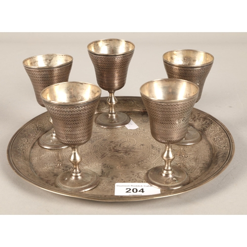 204 - Continental silver tray with five silver goblets