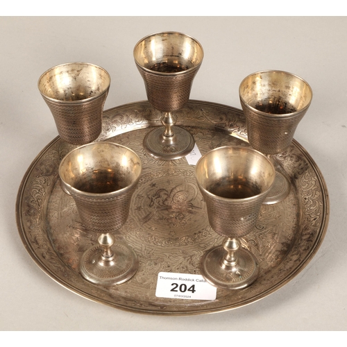 204 - Continental silver tray with five silver goblets