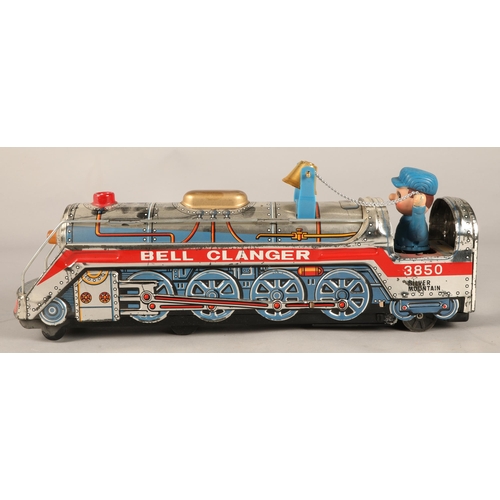 242 - Bell Clanger Silver Mountain express battery operated Japanese tin train toy in original box