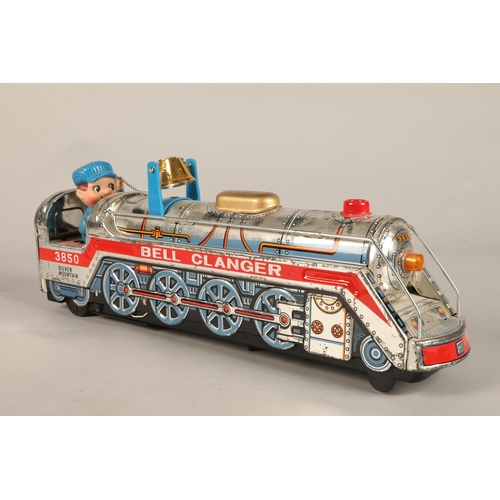 242 - Bell Clanger Silver Mountain express battery operated Japanese tin train toy in original box