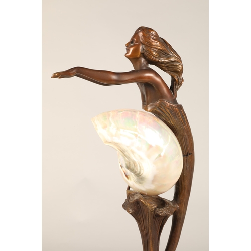 255 - Bronze Art Nouveau style lamp in form of mermaid with shell, 52cm height