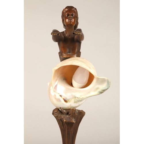 255 - Bronze Art Nouveau style lamp in form of mermaid with shell, 52cm height