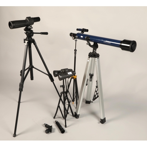 490 - Atlas Explorer telescope on stand, with practica Sport binoculars on stand, and monocular on stand, ... 