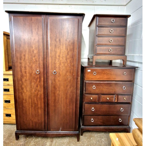 593 - Stag three piece bedroom suite comprising of double wardrobe 177cm x 95cm x 59cm, chest of drawers a... 