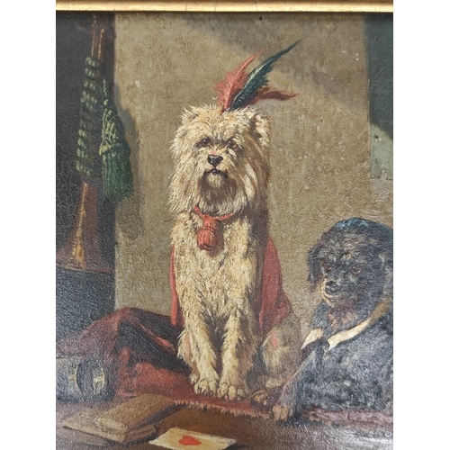 229 - Vincent de Vos (Belgian, 1829-1875)Two dogs with feather headdresses on a table with gaming artefact... 