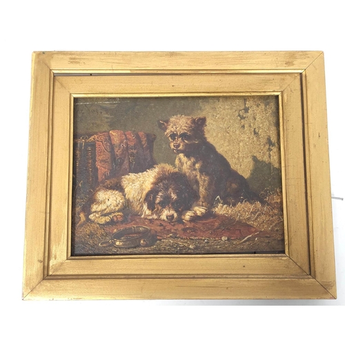 230 - Vincent de Vos (Belgian, 1829-1875)Two terriers on an Eastern rug with basket and collar.Oil on pane... 