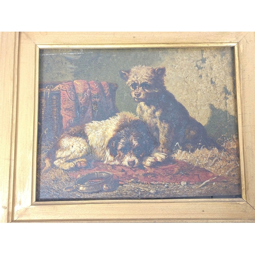 230 - Vincent de Vos (Belgian, 1829-1875)Two terriers on an Eastern rug with basket and collar.Oil on pane... 