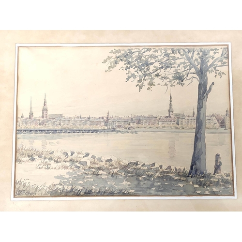 286 - Artist Unknown.View of Riga from across the river.Watercolour.Inscribed and indistinctly signed.28cm... 