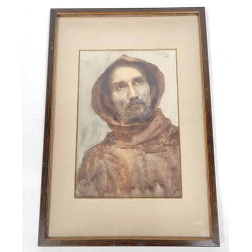 287 - Mary Winfred Freeman (1866 - 1961)Characterful portrait of a friar in a brown habit.Watercolour.Init... 