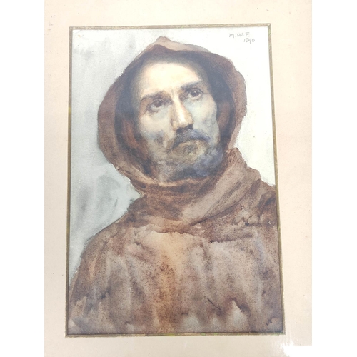 287 - Mary Winfred Freeman (1866 - 1961)Characterful portrait of a friar in a brown habit.Watercolour.Init... 