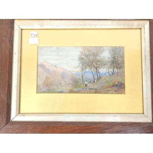 290 - W. Hill.On a mountain track.Gouache.Signed and dated 1865.8cm x 15cm.Also three other small oils and... 