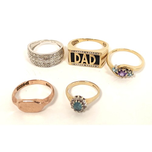 113 - 9ct gold ring with tiny diamond border 'Dad' and four others.