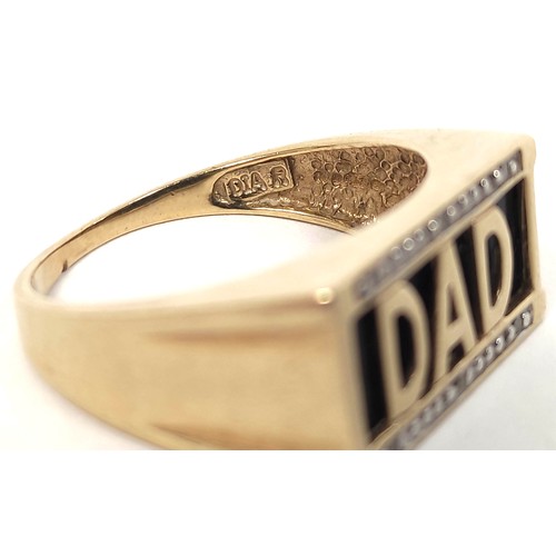 113 - 9ct gold ring with tiny diamond border 'Dad' and four others.