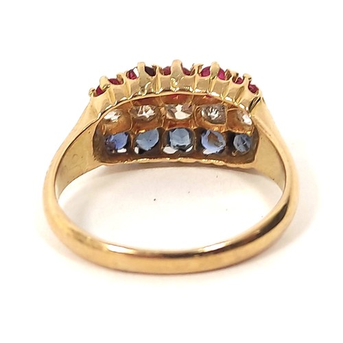 119 - Three row diamond sapphire and ruby ring, in 18ct gold, 1909. 4.1g. Size 'M½'