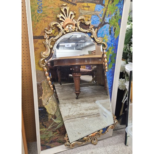 445 - Ornate wall mirror, two large oil paintings and a watercolour all signed Kirkwood, and a picture of ... 