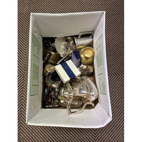 367 - Box of assorted metalware including plate, some treen