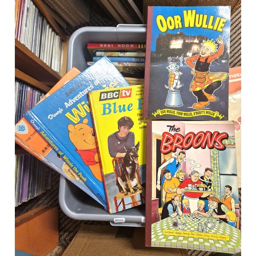 476 - Box of books and annuals including The Broons and Oor Wullie, Blue Peter, and various music scores i... 