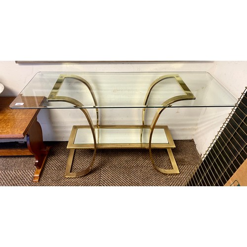 486 - Glass and brass hall table with shelf, 122 x 46 x 70 cm