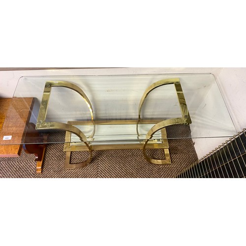 486 - Glass and brass hall table with shelf, 122 x 46 x 70 cm