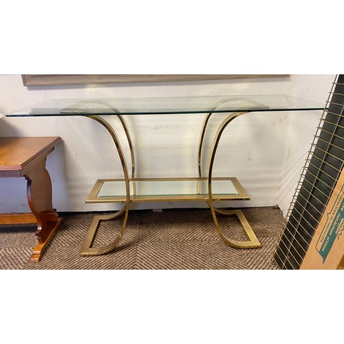 486 - Glass and brass hall table with shelf, 122 x 46 x 70 cm