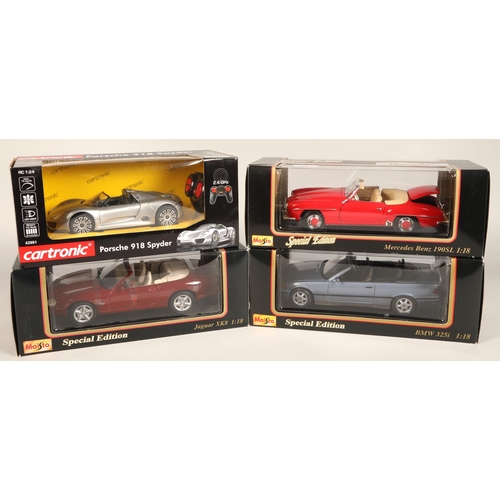 359 - Four boxed Maisto 1:18 scale model cars including Porsche 918 Spyder, Mercedes Benz 190SL, etc