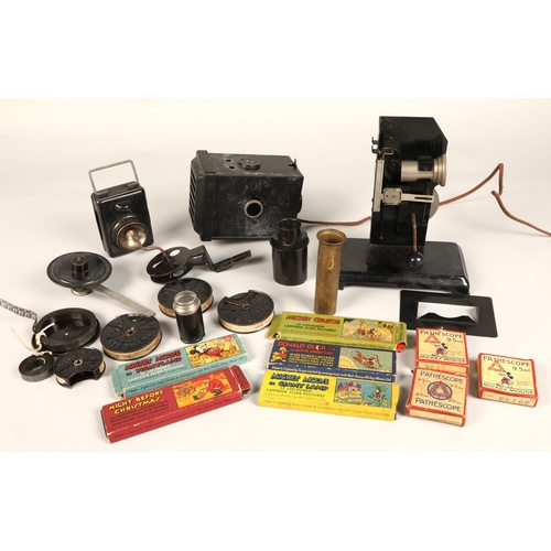 379 - Assorted Pathescope and lantern slides incl. Mickey Mouse, Popeye, etc. and disassembled viewer